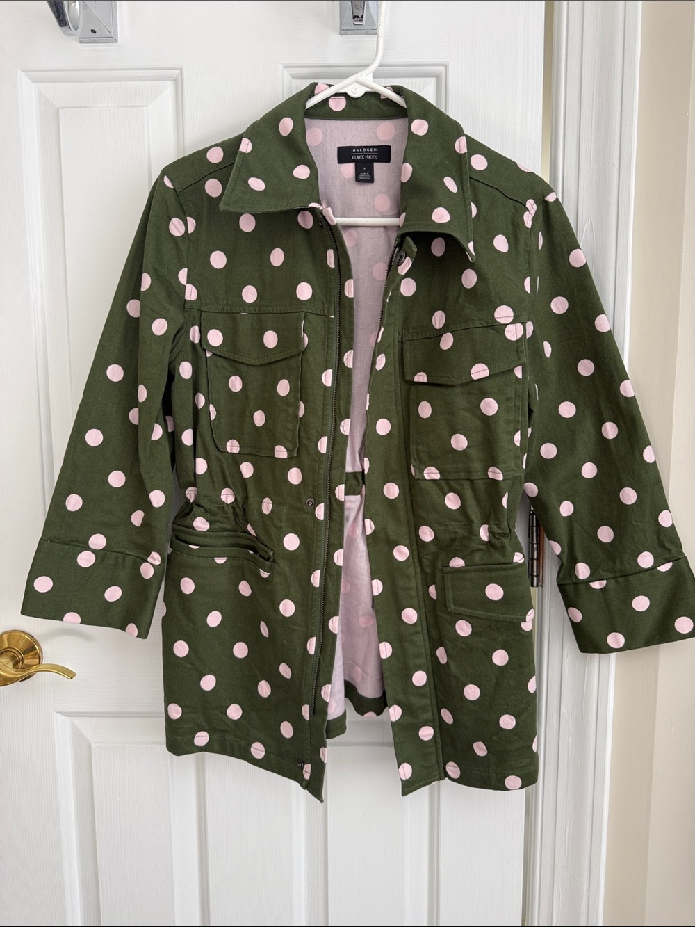 Halogen Olive Green Jacket with Pink Polka Dots